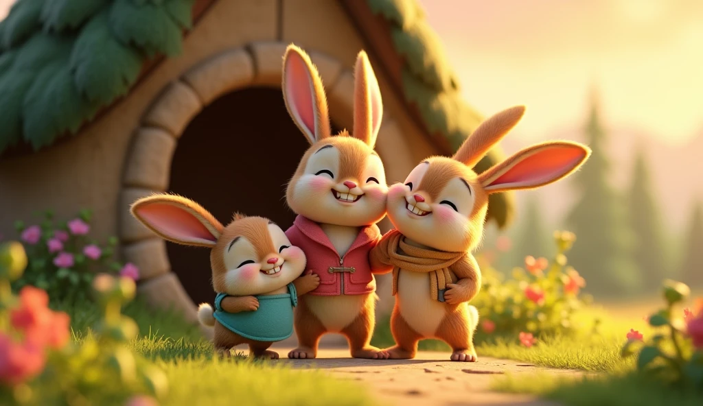 In 3d animation story "TukTuki arriving home, jumping with joy as it sees its mother and father waiting with open arms. The bunny’s home is a cozy burrow at the edge of the forest, with flowers and soft grass around. The family is shown hugging happily, with a warm, peaceful evening sky in the background."