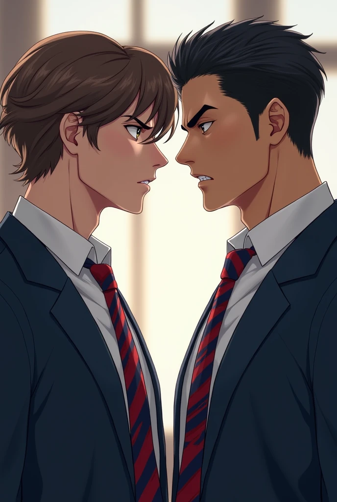 image of 2 gentlemen in their school uniform white long sleeves with red and blue striped neck tie and dark blue blazer. one on the right has short gelled up black hair, brown eye, chiseled jaw and diamond shaped face well build, a height of 6'1 feet and has olive skin tone, he's italian-german. the other one on the right has long length to neck wavy brown hair, hazel eye, soft chiseled heart shape face, a height of 5'10 feet, he's italian and has light olive skin. both of them on side view looking at each other angrily