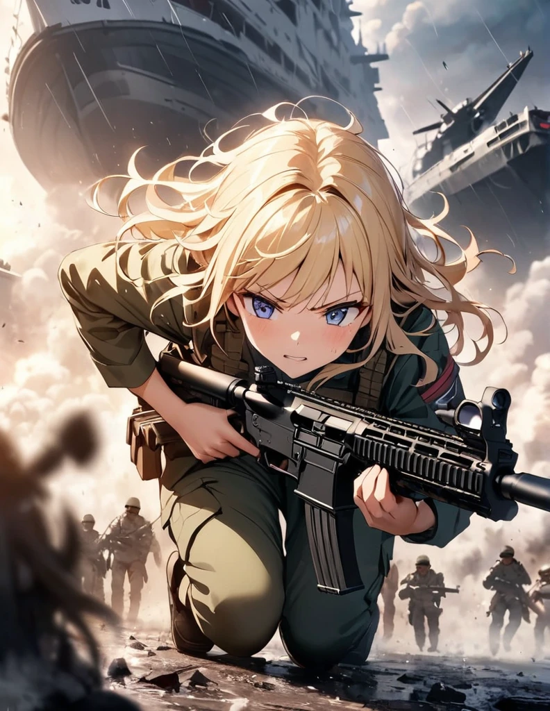 (anime)、(masterpiece:1.2),Atmospheric perspective,Lens flare、Fog of Battlefield、Crash, Makes the world look grey、When it rains, The female soldier is crouching.。With an irritated look on his face, he vows revenge..。Rain-soaked hair、blonde、blue eyes、Space Battleship Yamato、Traces of fierce fighting are everywhere、Smoke rising from everywhere、A work of blurry color M4 Carbine,Possession of a gun
