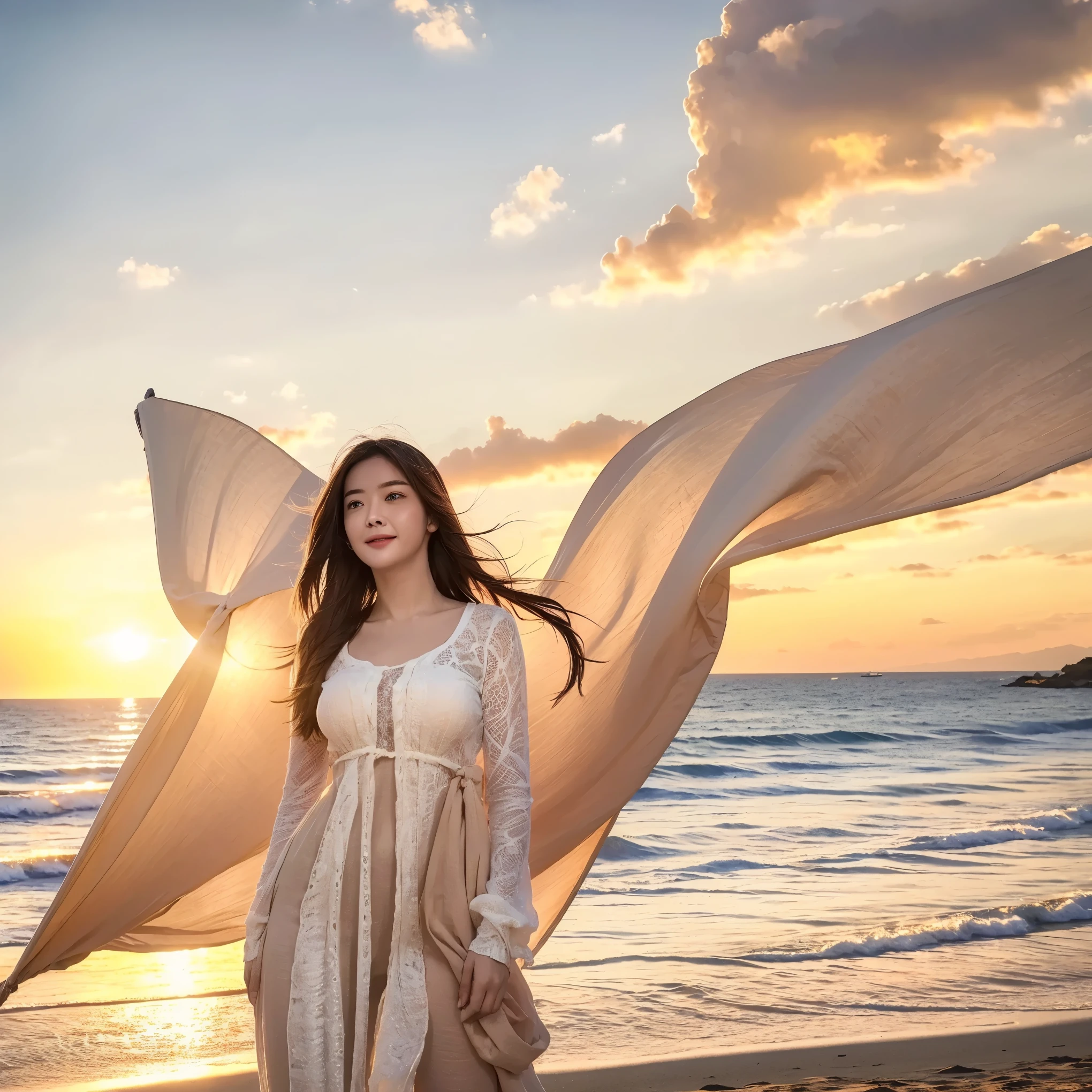 (masterpiece, best quality:1.2, 8k RAW photo, 1girl, solo, natural soft lighting), on the beach, enjoying sunset, wind flows, wearing beautiful goddess clothes, there is an UFO behind