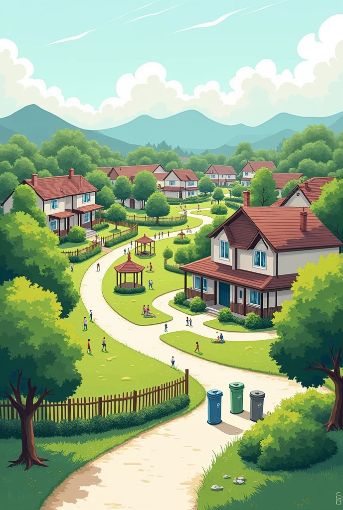 A healthy community with houses and park with less people, make it look possible in real life, add a trash cans with proper segregation. Make it an easy to trace sketch