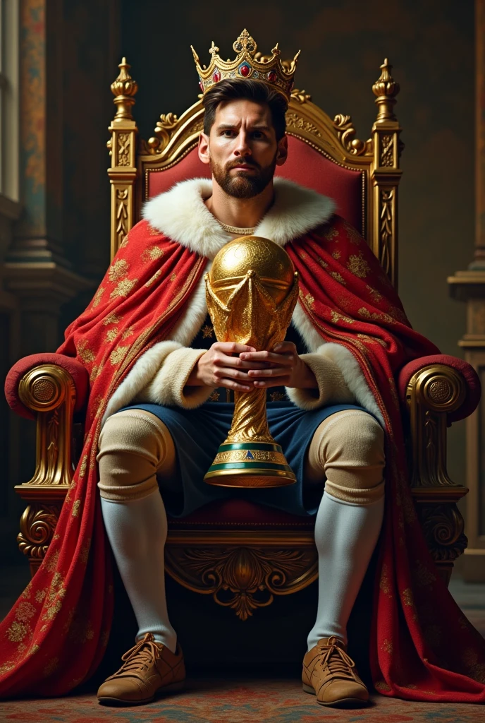 Messi as a king sitting with his worldcup inhis hand