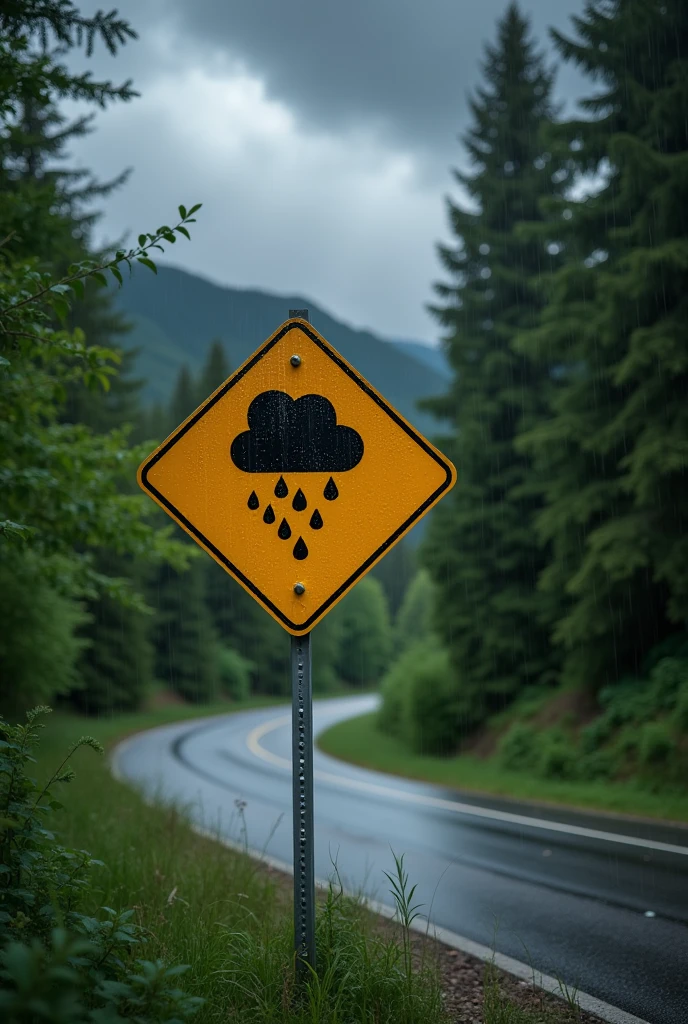 A road sign warning of heavy rain