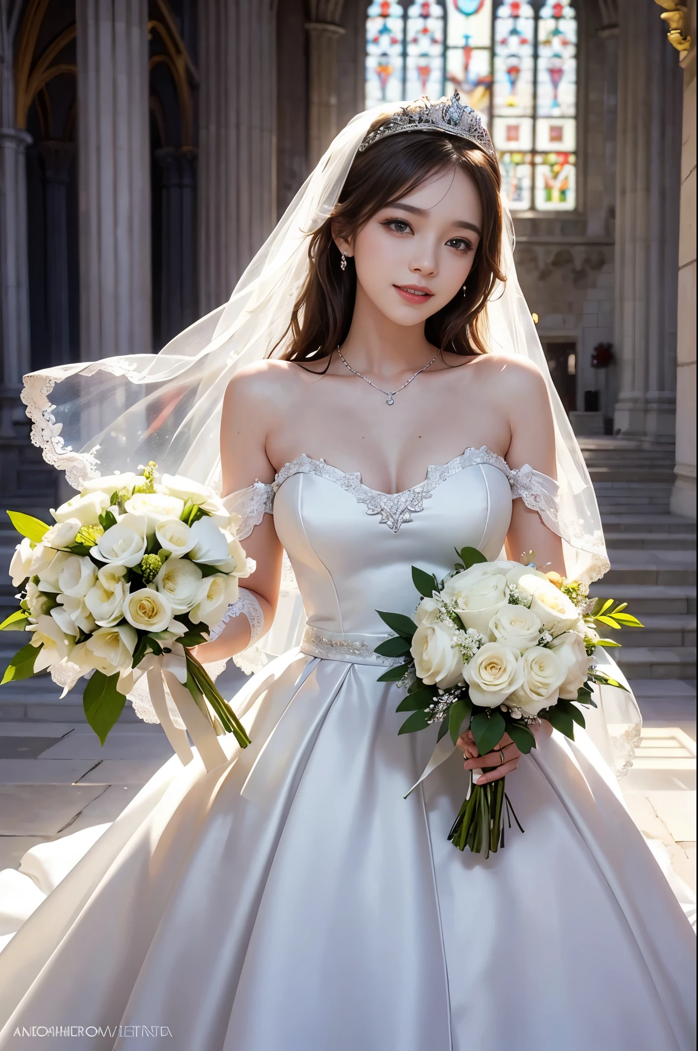 best quality, masterpiece, 1 girl, A huge laugh, cute teen, shiny lips, sweet, sun glare, Conservative attire, white gloves, bouquet, wedding dress, Bridal Tiara, depth of field, blurred background, Cathedral Background, light particles, strong wind, head tilt