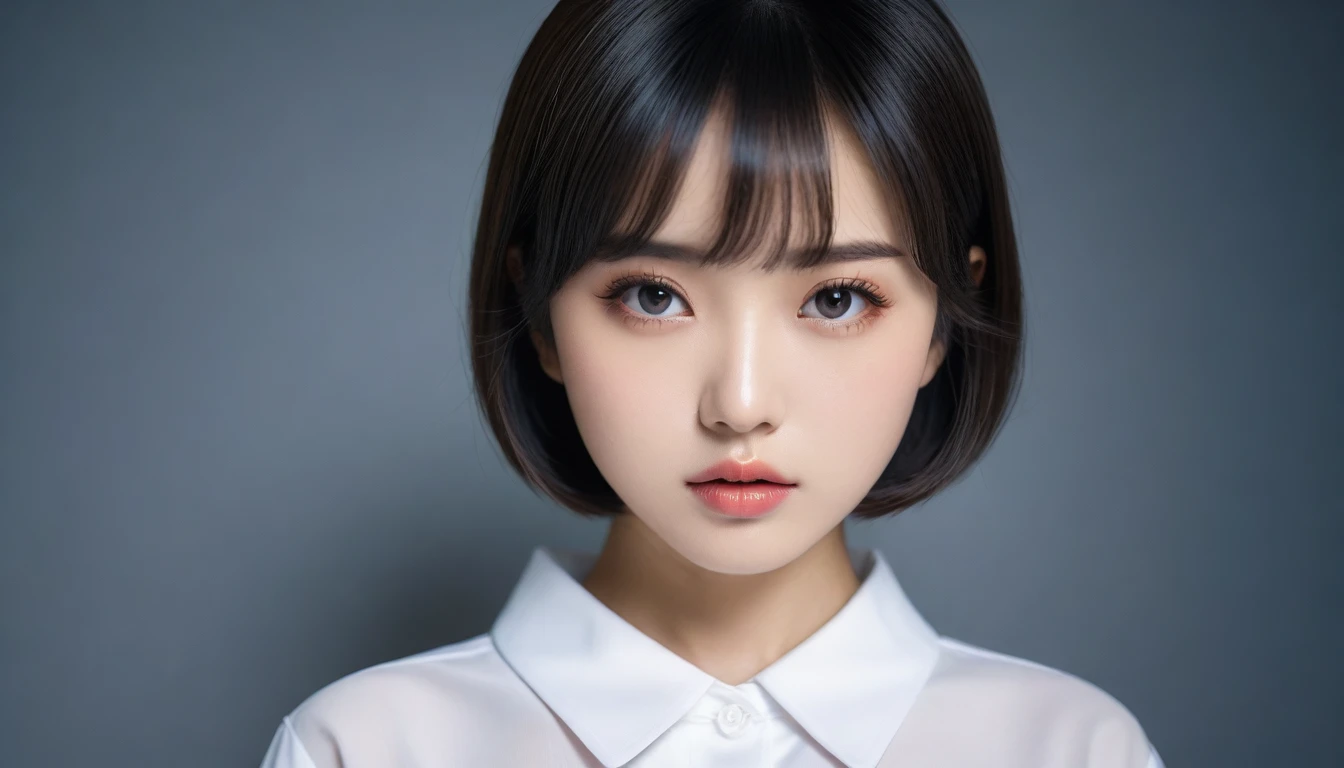 8k, Ultra-high resolution, Highest quality, masterpiece, 三分割法によるphotograph,Surreal, photograph,One Woman, (:1.3), cute, cute顔, 細部までBeautiful Eyes, 細かくdetailedに,masterpiece,One Girl:1.2,Japanese women,kindergarten,close up,glaring,Black short hair,Bowl cut,ID photo,(kindergarten uniforms:1.3),Eccentric,Future City,white collar,((Fusion of humans and androids))(Beautiful attention to detail),Subtle details, detailedな顔,anger,Attractive eyes,(ポートレートphotograph:1.4),(Photorealistic images:1.4),Fantasy art,(Beautiful Face:1.4),美しくAttractive eyes、Beautiful Eyes,Silver residue,(Tight waist:1.4)、(Beautiful with perfect body proportions:1.4),Pink Lips,profile,(((Ideal body type))),A-cup small breasts :2,、Portraiture:2、Perfect ???????、鮮明なdetailed、detailed,Fashion magazine cover,Thin lips,完璧でBeautiful Face ,完璧でcute顔, Skin with attention to detail, Perfect limbs、Narrow waist,Surreal,Light and shadow,spotlight