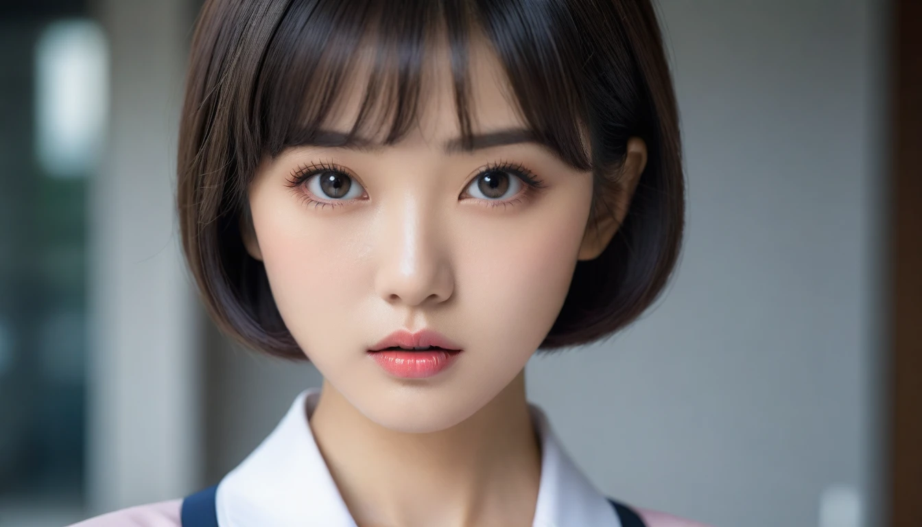 8k, Ultra-high resolution, Highest quality, masterpiece, 三分割法によるphotograph,Surreal, photograph,One Woman, (:1.3), cute, cute顔, 細部までBeautiful Eyes, 細かくdetailedに,masterpiece,One Girl:1.2,Japanese women,kindergarten,close up,glaring,Black short hair,Bowl cut,ID photo,(kindergarten uniforms:1.3),Eccentric,Future City,white collar,((Fusion of humans and androids))(Beautiful attention to detail),Subtle details, detailedな顔,anger,Attractive eyes,(ポートレートphotograph:1.4),(Photorealistic images:1.4),Fantasy art,(Beautiful Face:1.4),美しくAttractive eyes、Beautiful Eyes,Silver residue,(Tight waist:1.4)、(Beautiful with perfect body proportions:1.4),Pink Lips,profile,(((Ideal body type))),A-cup small breasts :2,、Portraiture:2、Perfect Anatomy、鮮明なdetailed、detailed,Fashion magazine cover,Thin lips,完璧でBeautiful Face ,完璧でcute顔, Skin with attention to detail, Perfect limbs、Narrow waist,Surreal,Light and shadow,spotlight