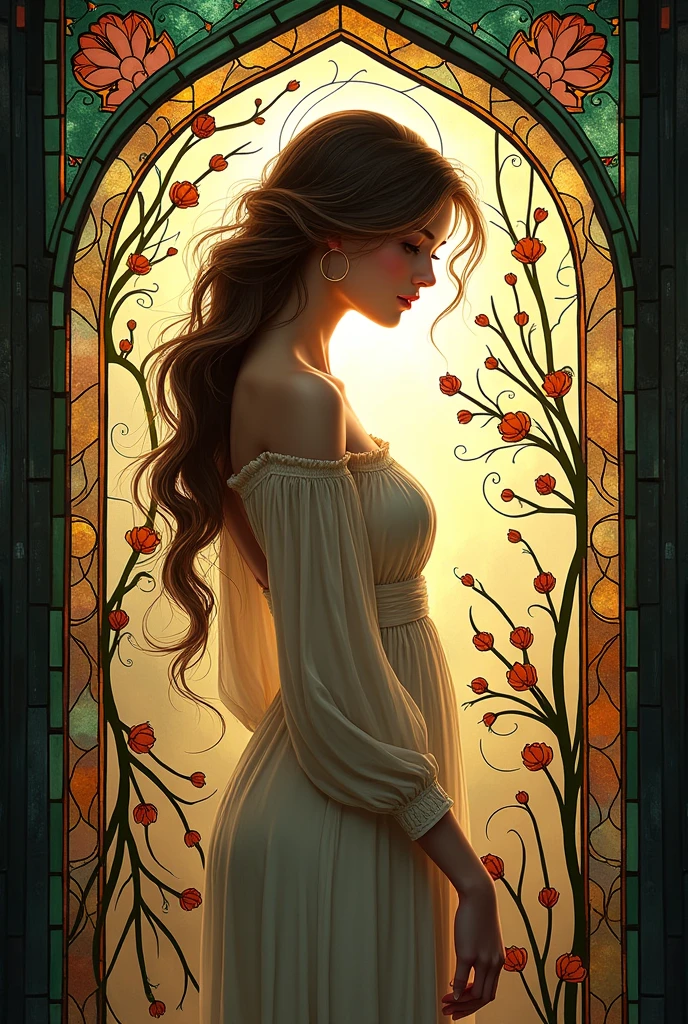 Art Nouveau woman stained glass window