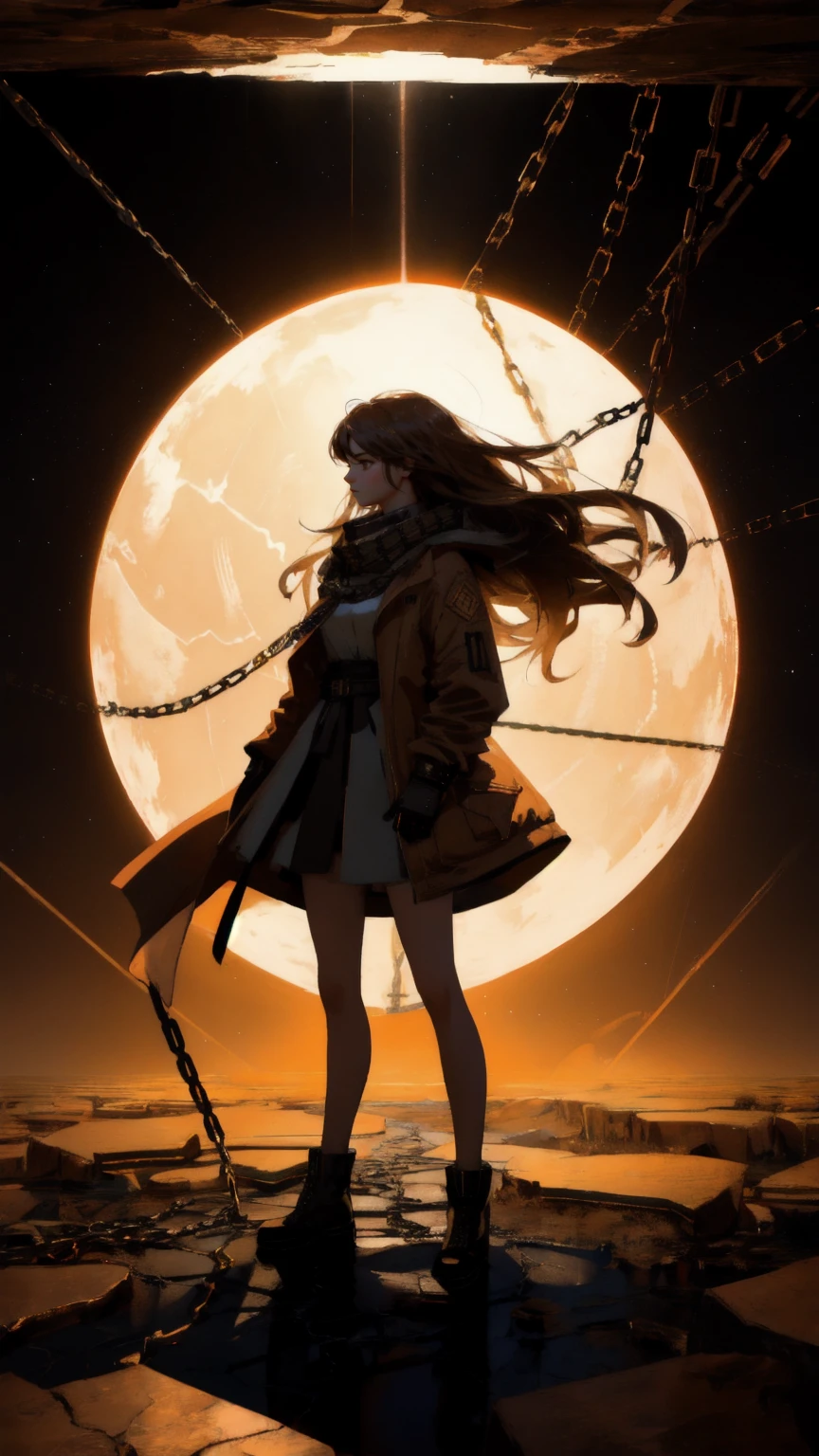 A striking image of a powerful girl standing tall with her hands on the ground, her body merging with the cracked earth beneath her. Her face glows with the Bitcoin symbol, and she is surrounded by floating digital Bitcoins. The background is a rugged, brown landscape with deep cracks and chains scattered around. The scene symbolizes resilience, strength, and the spirit of 'Mt. Gox Survivors,' with a consistent brown theme throughout.