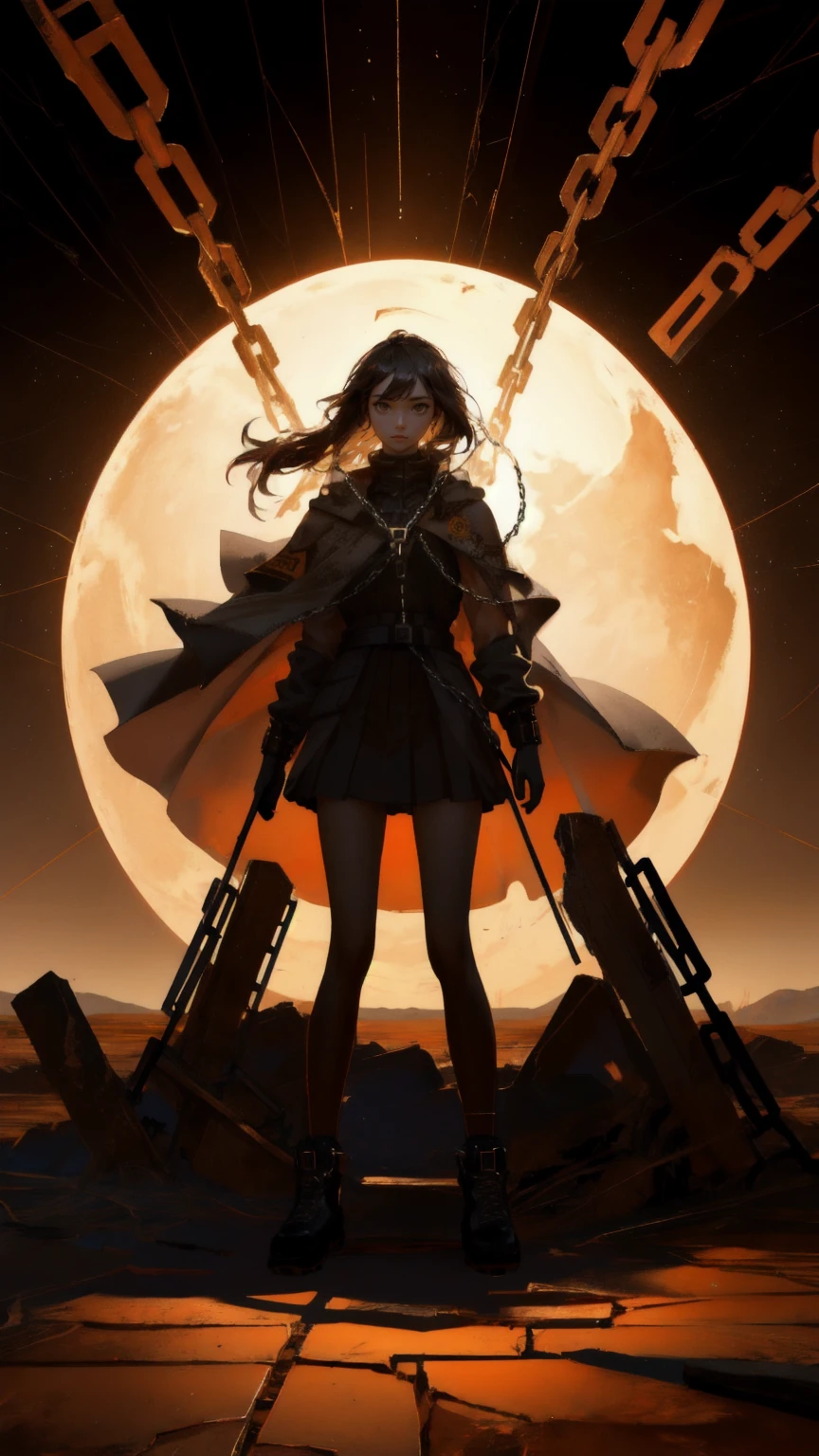 A striking image of a powerful girl standing tall with her hands on the ground, her body merging with the cracked earth beneath her. Her face glows with the Bitcoin symbol, and she is surrounded by floating digital Bitcoins. The background is a rugged, brown landscape with deep cracks and chains scattered around. The scene symbolizes resilience, strength, and the spirit of 'Mt. Gox Survivors,' with a consistent brown theme throughout.