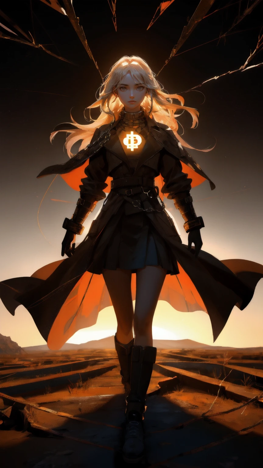 A striking image of a powerful girl standing tall with her hands on the ground, her body merging with the cracked earth beneath her. Her face glows with the Bitcoin symbol, and she is surrounded by floating digital Bitcoins. The background is a rugged, brown landscape with deep cracks and chains scattered around. The scene symbolizes resilience, strength, and the spirit of 'Mt. Gox Survivors,' with a consistent brown theme throughout.