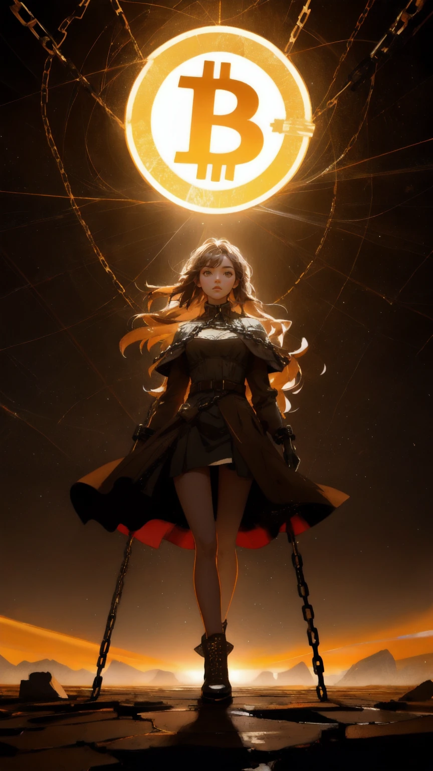 A striking image of a powerful girl standing tall with her hands on the ground, her body merging with the cracked earth beneath her. Her face glows with the Bitcoin symbol, and she is surrounded by floating digital Bitcoins. The background is a rugged, brown landscape with deep cracks and chains scattered around. The scene symbolizes resilience, strength, and the spirit of 'Mt. Gox Survivors,' with a consistent brown theme throughout.