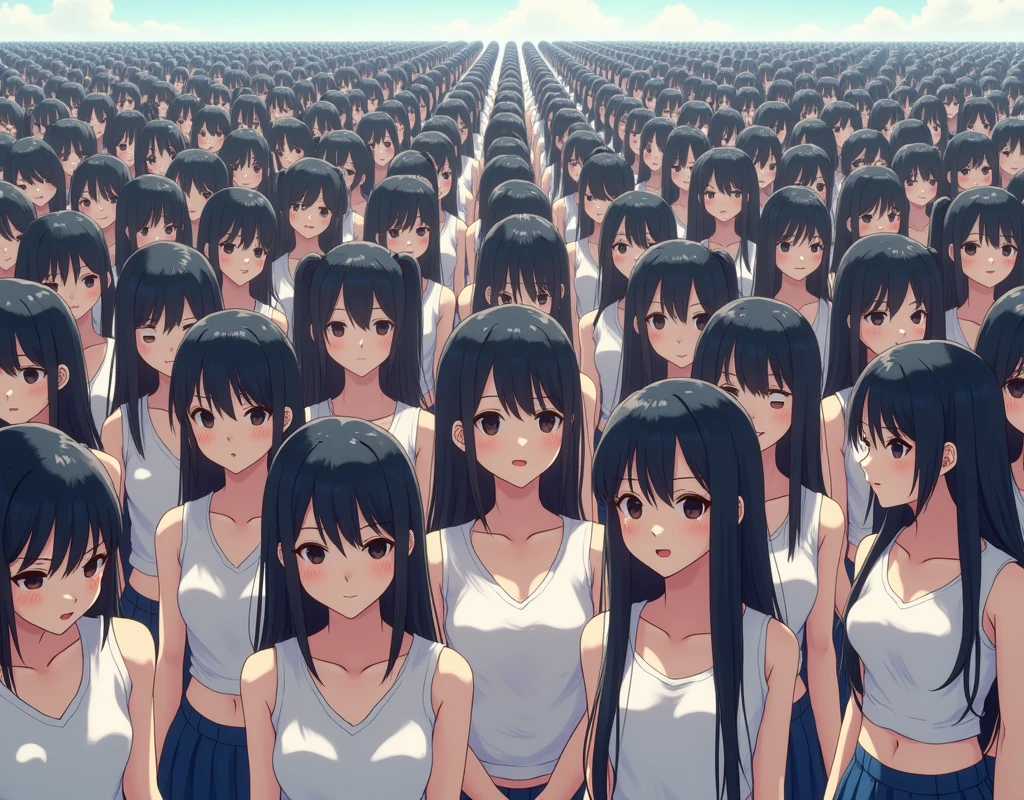 (((((Japanese Clone-girls=Myself))))), (((Super Best masterpiece Clone-girls Raw Photography Art))), (((16K, Highest quality, Ultra-high resolution, RAW Photos))), (((It's so unrealistic., With unparalleled depiction, With an unfathomable sight, An unprecedented and shocking worldview, Clone-girls: In a world of mass reproduction, Ultra-realistic))), (((Japanese Girls, Sasaki Nozomi, 28yo, Small face, Thick black hair, long hair, Dark Eyes, Mature face, Cute Smile, Smiling face, A gentle gaze, (((Very pleasant look)))))), (((Very beautiful detailed girls, Accurate body structure, Accurate body movements, Very detailed body, (((Super big breasts, Large bulge of ample breasts)))))), (((Summer clothes, Short sleeve, mini skirt, hour々I can see your pants, Cleavage Emphasis, Emphasise the fullness of your breasts))), ((((((((Very detailed, Myself cloning, Depiction of splitting oneself, 1Myself girl→1,000,000,000,000,000,000,000,000,000,000Myself cloning girls)))))))), (((((((Myself clone-girlsから, Myself keeps multiplying, (Very detailed and intricate, A perfectly matched depiction, (((In the same female body,With the same face, With the same hairstyle, In the same clothes, At the same height, 同じSuper big breastsである))), 1,000,000,000,000,000,000,000,000,000,000 people))))))), (((((Myself girls only))))), (((((1,000,000,000,000,000,000,000,000,000,000Myself girls))))), (Very detailed描写で, The awesomeness of the massively proliferating crowd of "myself", A very impressive sight, Lots of skinship), (Very detailed depiction, Clear and accurate perspective depiction, Ultra-wide field of view, super wide view, Focus on the average value of the image), ((The shooting angle and composition, From above, From below, From the left, From the right, View Myself)), I'm so happy to see so many Myself crowds., I love myself, Laugh together