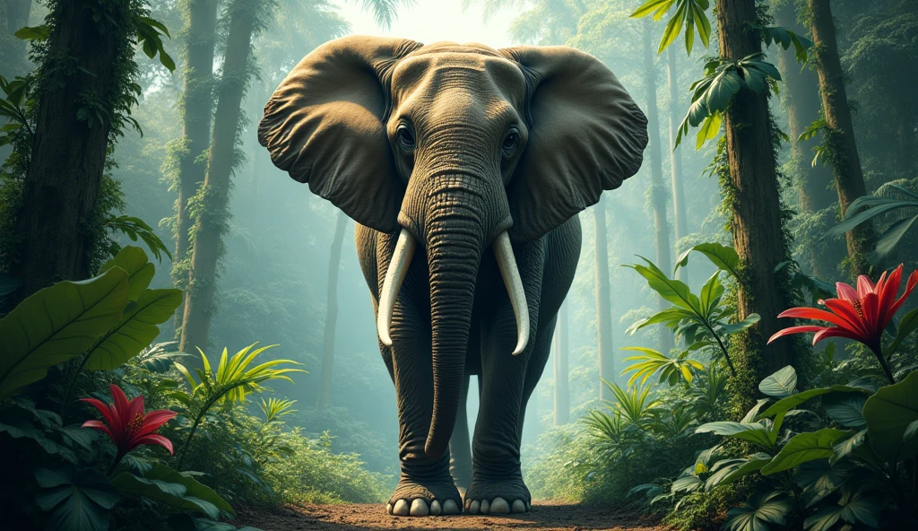 high quality, 8K Ultra HD, A beautiful wildlife animals more beautiful elephant with dangerous jungle, plants, bigy wood ,