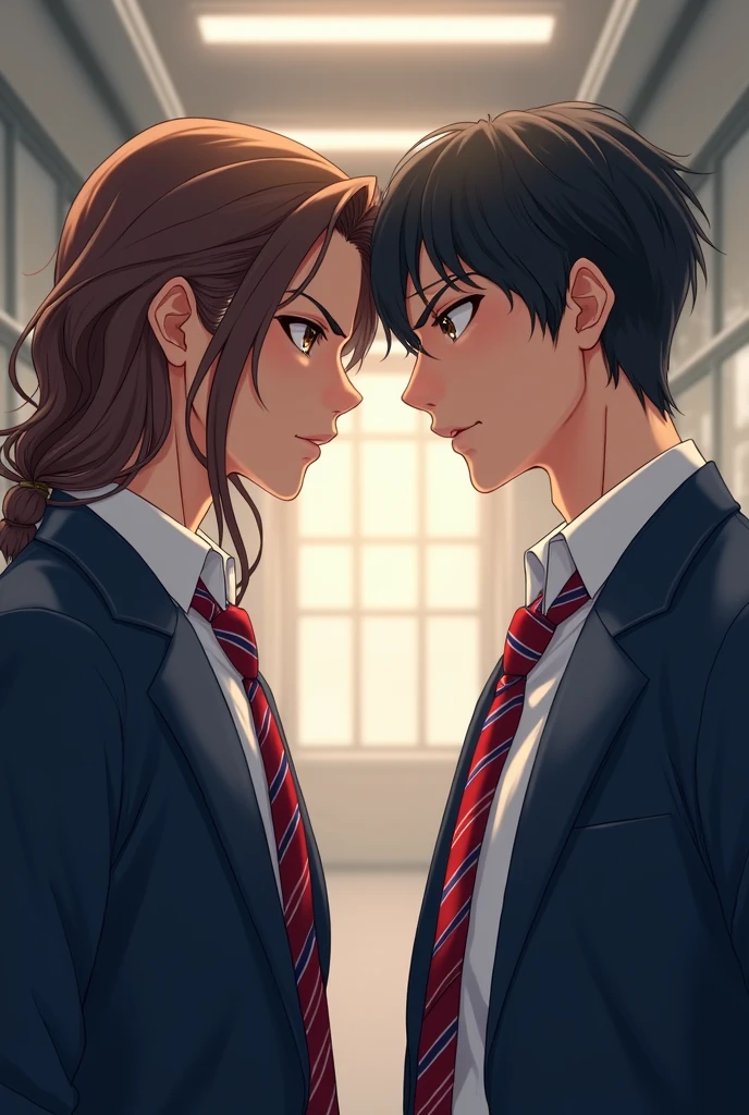 image of 2 gentlemen in their school uniform white long sleeves with red and blue striped neck tie and dark blue blazer. one on the right has short gelled up black hair, brown eye, chiseled jaw and diamond shaped face well build, a height of 6'1 feet and has olive skin tone, he's italian-german. the other one on the right has long length to neck wavy brown hair, hazel eye, soft chiseled heart shape face, a height of 5'10 feet, he's italian and has light olive skin. both of them on side view looking at each other angrily