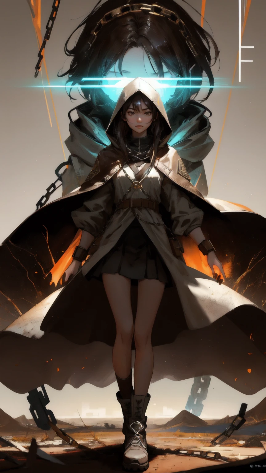 Depict a determined and strong girl with a Bitcoin symbol glowing on her face, rising from a cracked, brown earth landscape. She is wearing a hooded jacket, and her legs and arms are covered in earth and roots, merging with the ground. The background showcases a brown, digital terrain with Bitcoins floating around, and the ground beneath her feet is breaking apart, with chains and coins falling. The theme 'Mt. Gox Survivors' is subtly integrated into the design, highlighting resilience and survival