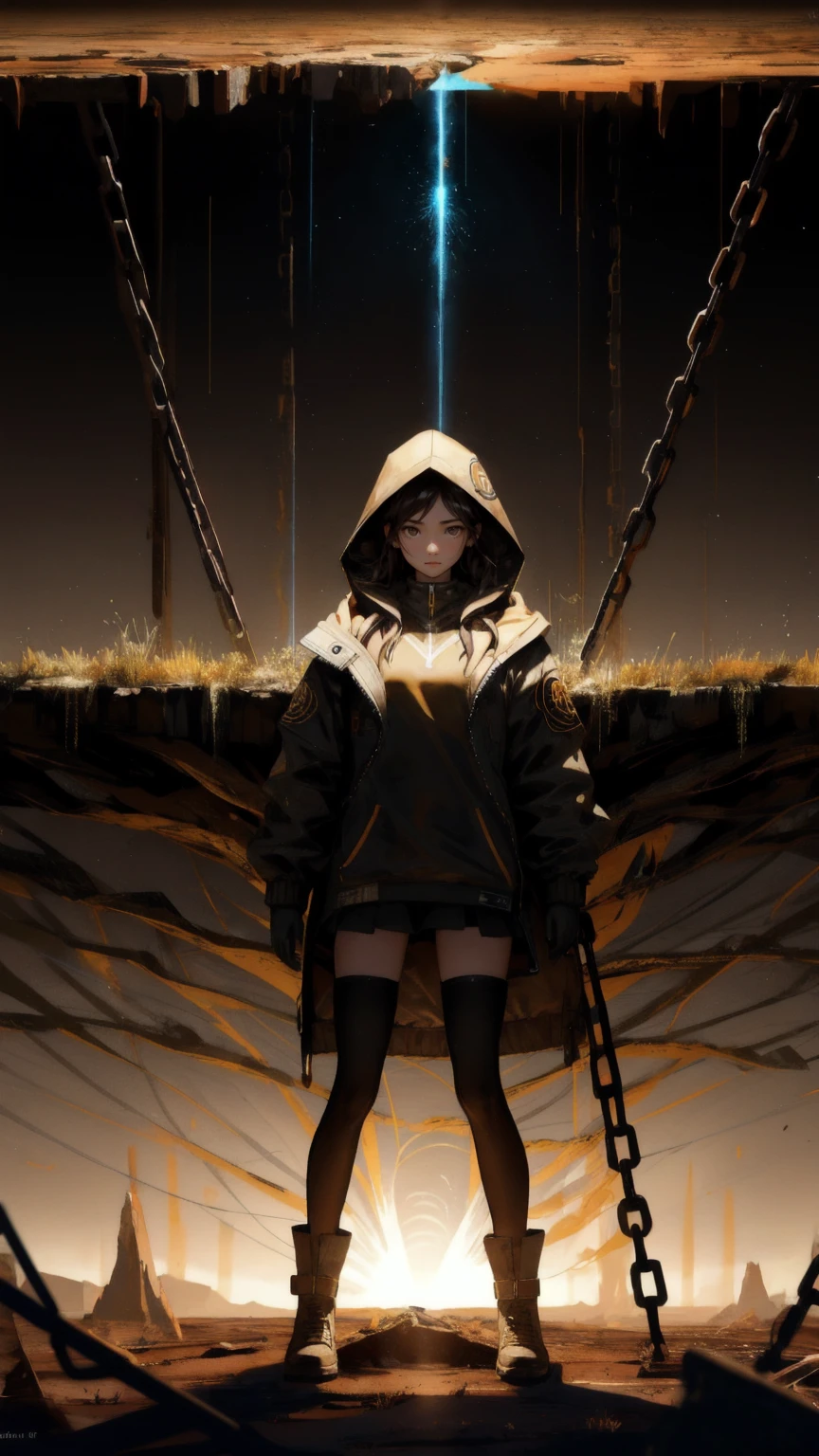 Depict a determined and strong girl with a Bitcoin symbol glowing on her face, rising from a cracked, brown earth landscape. She is wearing a hooded jacket, and her legs and arms are covered in earth and roots, merging with the ground. The background showcases a brown, digital terrain with Bitcoins floating around, and the ground beneath her feet is breaking apart, with chains and coins falling. The theme 'Mt. Gox Survivors' is subtly integrated into the design, highlighting resilience and survival