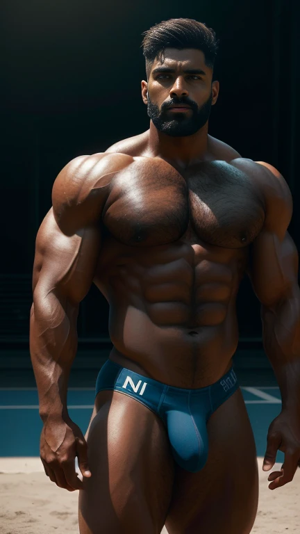 handsome guy, Indian,His perfect( big huge ) is (coming out) of his pant,masterpieces Hairy chest, mustache, buzz clip, nakedra-thin tight thong),Big bag highlights,Plump your pectoral muscles,Sexy and cming expression,Gloomy eyes,blue eyes,Basketball court outside, ((Slim, muscular)), photoactual, photo, masterpiece, actual, realism, photorealism, high contrast, photoactual digital art trending on Artstation 8k HD high definition detailed actual, detailed, Texture, hyper detailed, actual Texture, armature, best quality, 超high resolution, (photoactual:1.4),, high resolution, detailed, raw photo, Sharp Re, by lee jeffries nikon d850 film stock photograph 4 kodak portra 400 camera f1.6 lens rich colors hyper actual lifelike texture dramatic lighting unrealengine trending on artstation cinestill 800,