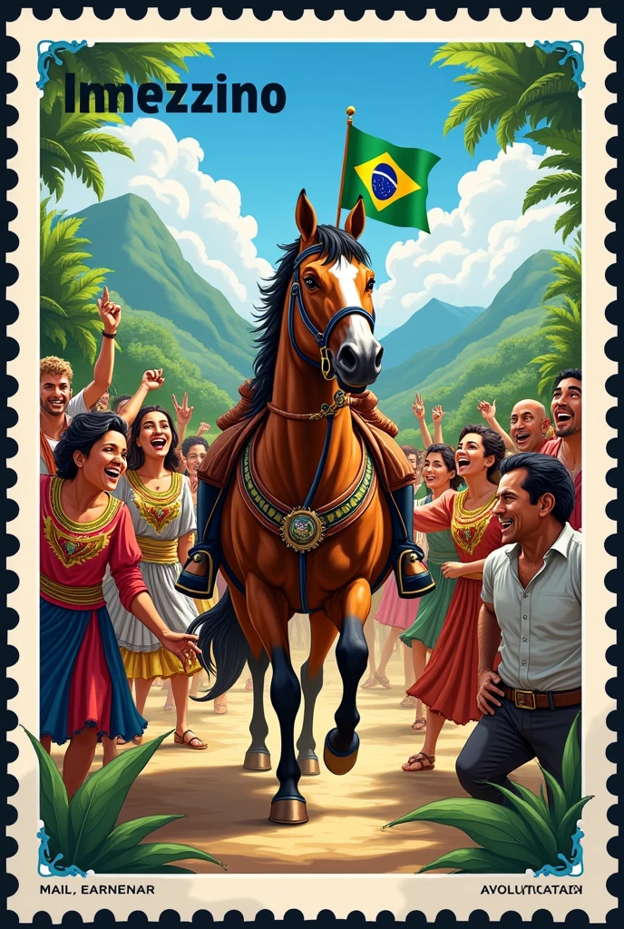 Create a postage stamp with an image of Brazil&#39;s independence with the Brazilian peoples with a horse
