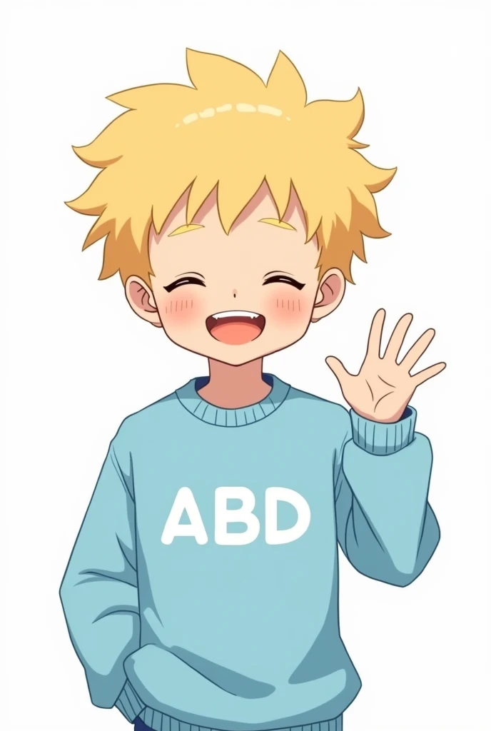 Make me a boy who looks like in anime, he has blonde curls and the background is white, he smiles with his eyes closed and waves, the background should also be white and he has a light blue sweater with ABD written on it in white letters