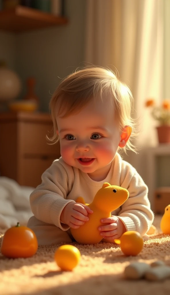 Create a UHD photorealistic image of a 12-month-old girl named Ambreline, smiling gently. She is playing with amber-colored toys in a softly lit room. Captured with a 50mm f/1.4 lens to enhance the warm, golden tones and soft light effects. Ensure exactly five fingers, no 3D style image, no animation style, no Pixar style animation.