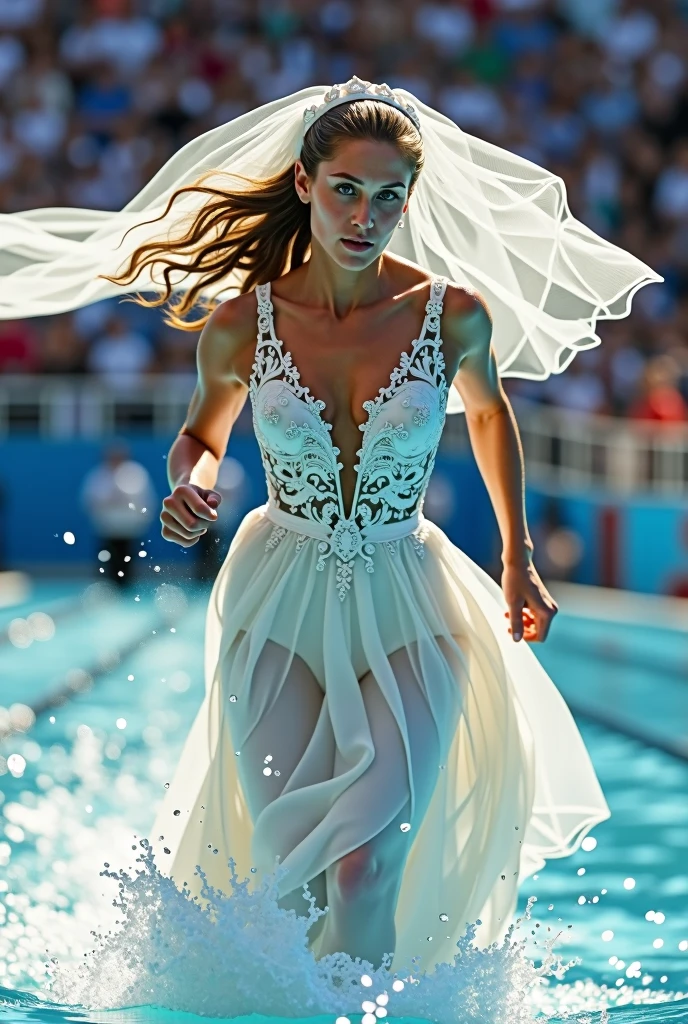 A bride in a wedding dress competes in an Olympic event. She is wearing a beautiful, flowing white wedding gown with intricate lace details, her veil flying behind her as she runs, jumps, or swims with determination. The scene is set in an Olympic stadium, with a cheering crowd in the background, capturing the juxtaposition of elegance and athleticism. The bride is mid-action, showing her strength and focus, with her dress slightly catching the wind. The lighting is bright, highlighting both the athletic intensity and the delicate beauty of the wedding dress
