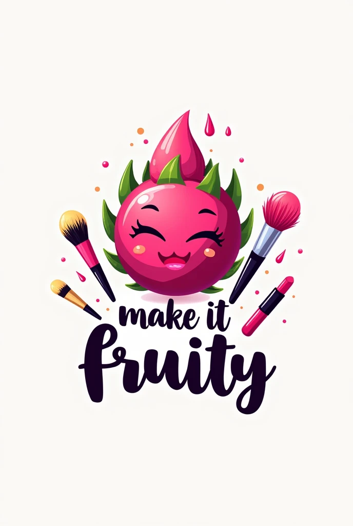 A makeup logo where a drop of a pink dragon fruit with a green skin falls on top of the phrase “Make It Fruity” with some makeup brushes and lipsticks next to it