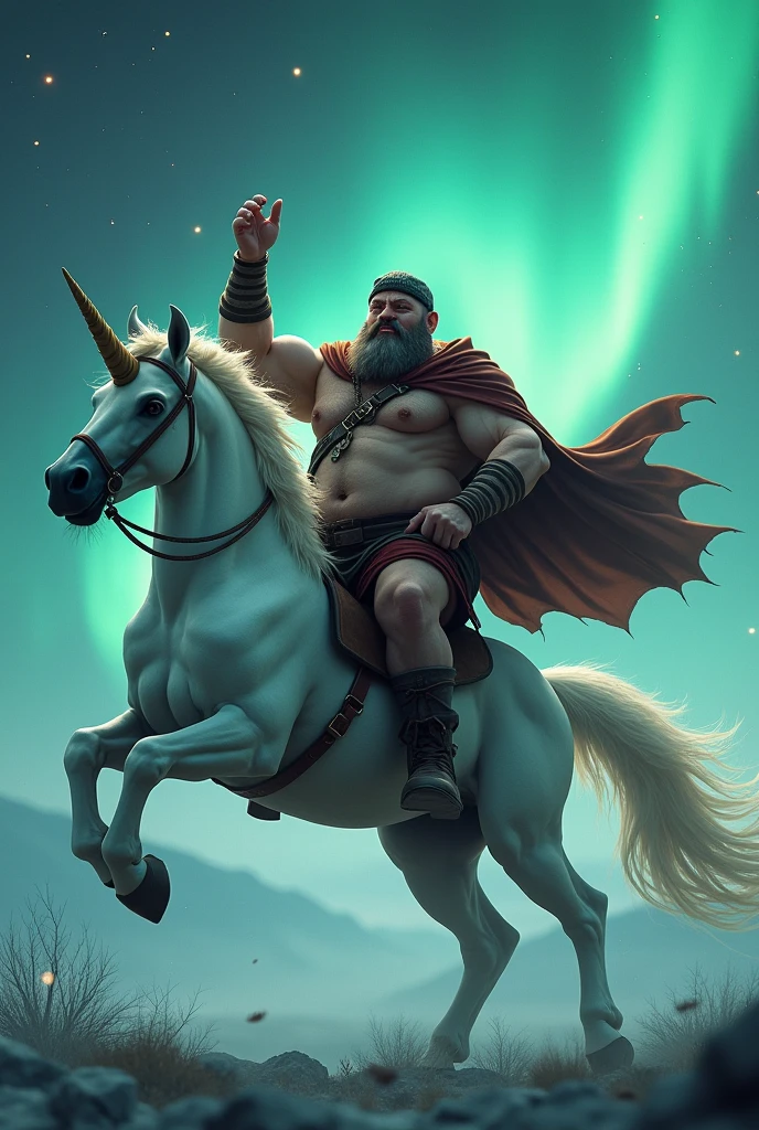 mature man, 50 years old, short gray beard, drunk and cheerful expression of slightly wrinkled face, hooligan cap on head, muscular but fat hairy body, barrel-shaped hairy chest, big bearish strong belly, strong hairy arms and legs, wearing only a bandage on hips and cloak billowing in wind, hand raised, seated astride unicorn standing on end, background aurora borealis, particles in air, full length image, foreground, ultra detail, magical rituals,