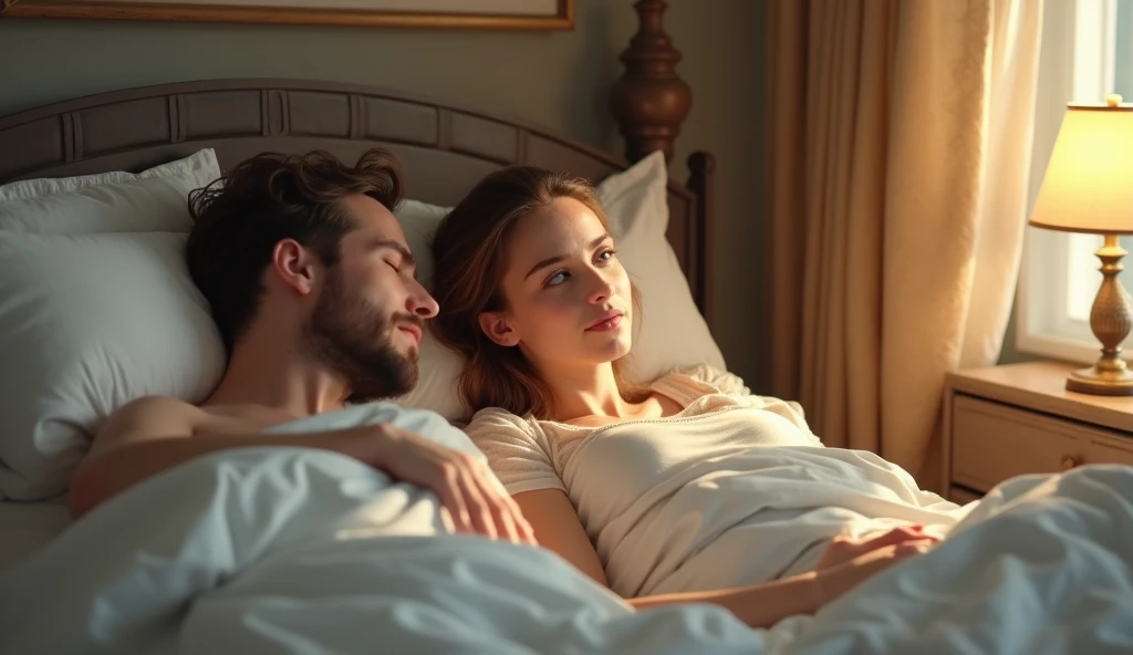 Woman awake with husband in room