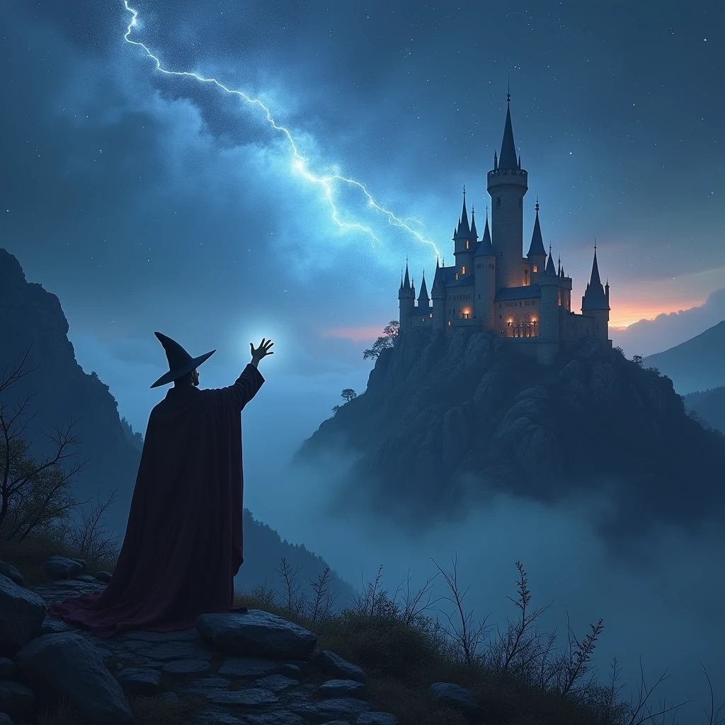  meteor rain to the castle, a wizard raise his hand on the hill,