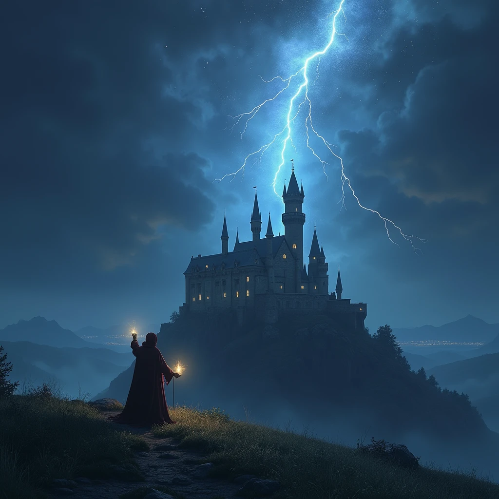  meteor rain to the castle, a wizard raise his hand on the hill,