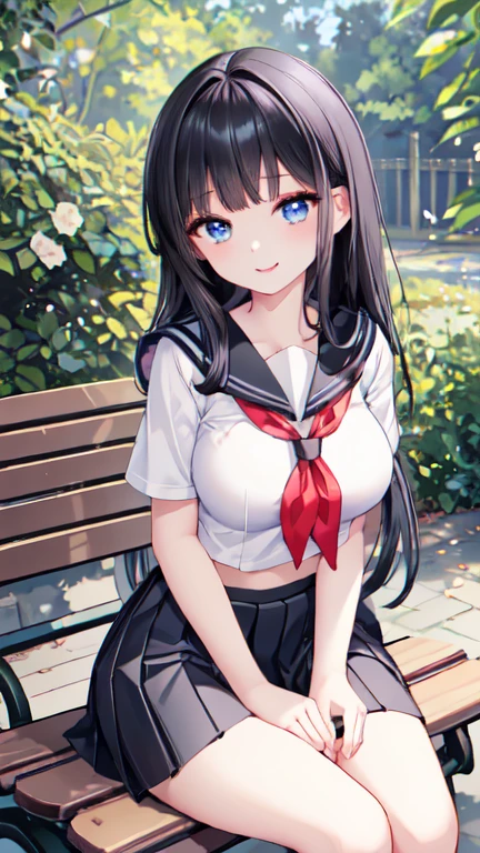 8k, (Very detailed:1.3, masterpiece:1.3, Highest quality:1.3, High resolution:1.3), 1, high school student, 1 person, , Beautiful Face, Big and beautiful breasts, blue eyes, (Highlight Eyes, Catchlight Eyes), 鏡面Highlight Eyes, break (Long Hair, Black Hair), (Short-sleeved sailor uniform), (black pleated mini skirt), Uniform isolated, break (Red neckerchief), break cleavage, clavicle, (Shoot from the front, whole body), smile, (Sitting on a bench), garden, Forest road,,Large Breasts