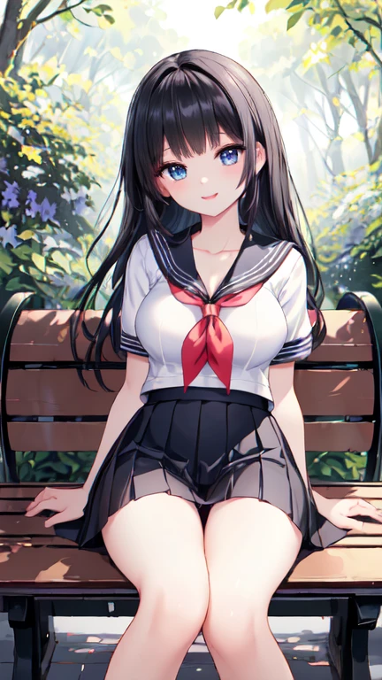 8k, (Very detailed:1.3, masterpiece:1.3, Highest quality:1.3, High resolution:1.3), 1, high school student, 1 person, , Beautiful Face, Big and beautiful breasts, blue eyes, (Highlight Eyes, Catchlight Eyes), 鏡面Highlight Eyes, break (Long Hair, Black Hair), (Short-sleeved sailor uniform), (black pleated mini skirt), Uniform isolated, break (Red neckerchief), break cleavage, clavicle, (Shoot from the front, whole body), smile, (Sitting on a bench), garden, Forest road,,Large Breasts