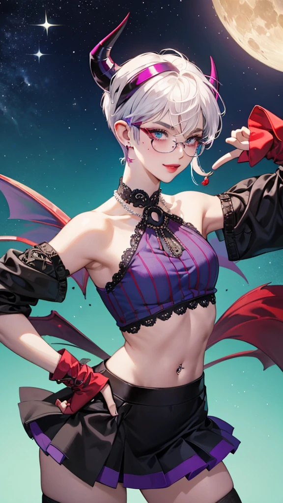 8k, masterpiece, best quality, highly detailed, 1 girl, tiefling, warlock, pixie cut, multicolored hair, very short straight hair red highlight hair on white hair, strippled hair, wearing glasses, round glasses, earrings, navel piercing, red eyeshadow, long eyelashes, blushed cheek, red lips, pearl necklace, rings, collarbone, mole on face, glamorous, teal and purple clothes, sleeveless, miniskirt, smirk, close up view, rings, looking at viewer, demon horns, solo, starry sky, pale blue moon, standing, boxing stance, demonic arms, chains on the background, black lace gloves.