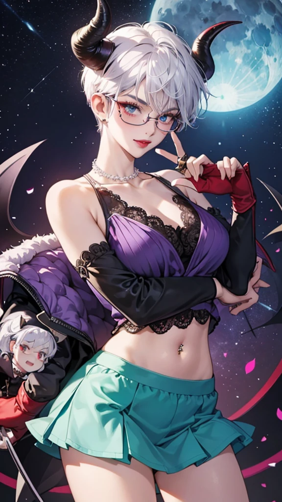 8k, masterpiece, best quality, highly detailed, 1 girl, tiefling, warlock, pixie cut, multicolored hair, very short straight hair red highlight hair on white hair, strippled hair, wearing glasses, round glasses, earrings, navel piercing, red eyeshadow, long eyelashes, blushed cheek, red lips, pearl necklace, rings, collarbone, mole on face, glamorous, teal and purple clothes, sleeveless, miniskirt, smirk, close up view, rings, looking at viewer, demon horns, solo, starry sky, pale blue moon, standing, boxing stance, demonic arms, chains on the background, black lace gloves.