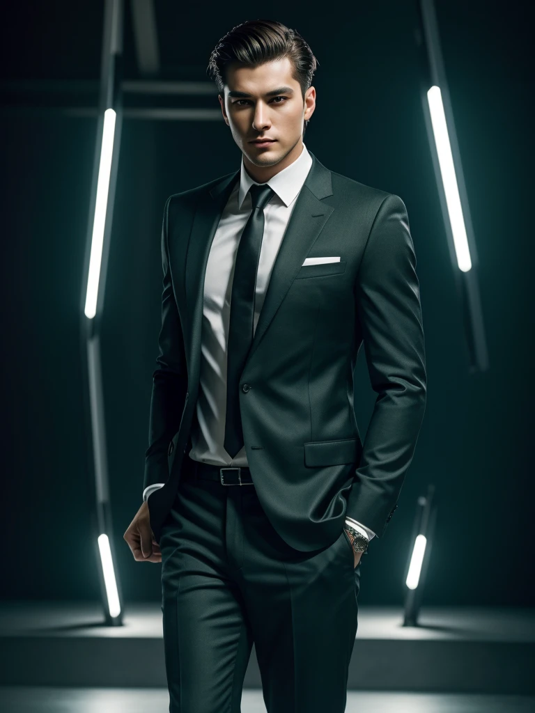 ((masterpiece)), ((best quality:1.2)), high resolution, 8k, (ultra_realistic:1.3), (photorealistic:1.4), (absurdres), sharp focus, highly detailed, (high quality), (masterpiece), handsome man, 25 year-old. Korean, 2,
normosthenic, black suit, green eyes, muscular, full body, dark light, front light, rim light. Mafia boss aesthetic. Rich billionaire boyfriend.