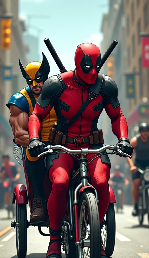 Deadpool pedals the rickshaw with playful enthusiasm, while Wolverine, the X-Man, sits up front, his expression a mix of calm and subtle annoyance. The scene is both absurd and touching—Deadpool’s endless jokes contrasting with Wolverine’s stoic presence. As they ride through the streets, there’s an unspoken connection between the two, a blend of chaos and camaraderie that highlights their unlikely but strong bond. Beneath the humor and the grit, it’s a moment that captures the essence of their friendship in the most unexpected way.