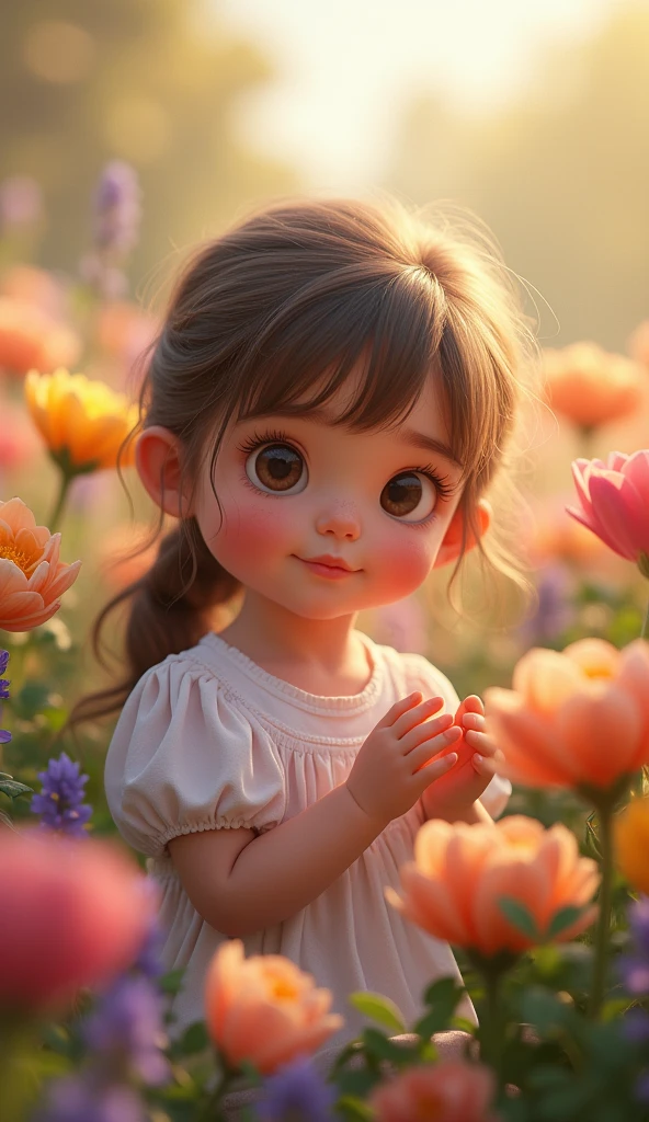 Create a UHD photorealistic image of a 24-month-old girl named Maëlysse, surrounded by a garden of blooming flowers. Captured with a 100mm f/2.8 macro lens to focus on her delicate features and the vibrant floral background. Ensure exactly five fingers, no 3D style image, no animation style, no Pixar style animation.