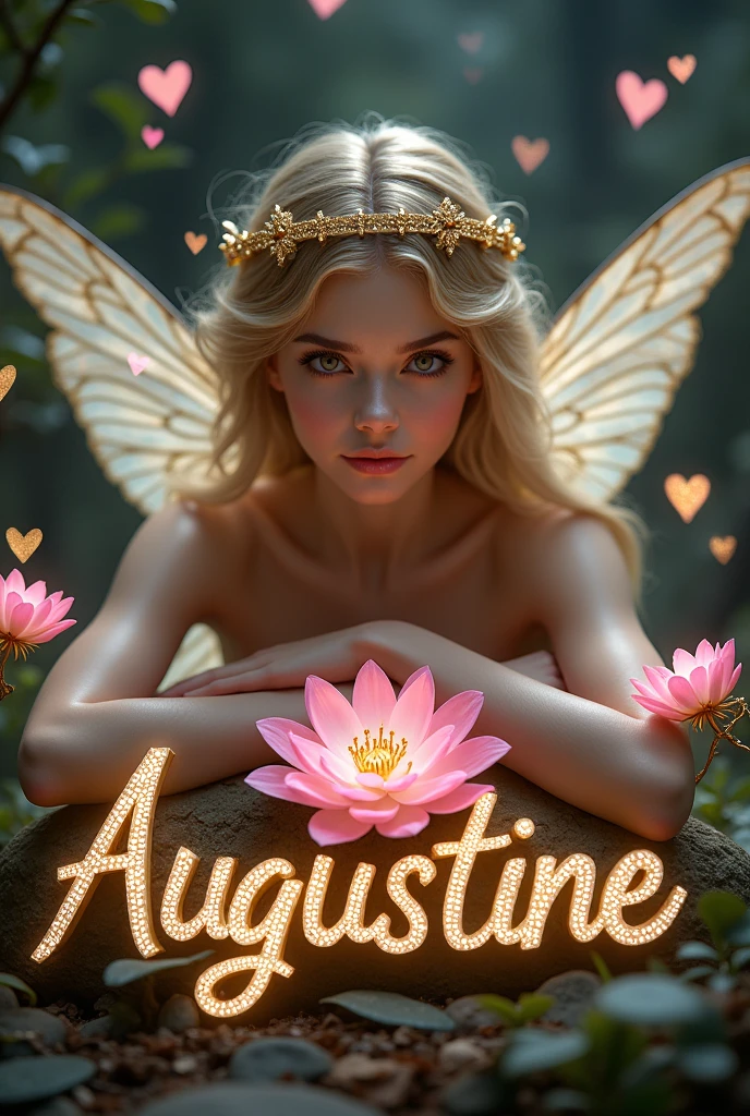 A stunning fantasy-themed portrait of a beautiful fairy with pink wings and delicate features, surrounded by small golden fairies holding a diamond chain. The main fairy has an elegant pose, resting her arms on the word 'Augustine' written in sparkling diamond-studded letters. A glowing pink flower is placed below the text, and the background has a dark, mystical ambiance with floating hearts."