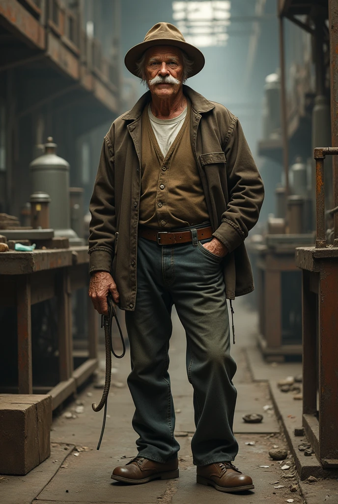 old man, macular, good looking, wearing dirty white Henley, brown cotton waist coat, dark brown jacket, blue jeans, worker style, rugged clothes, white mustache, working hat, inside glass factory, standing on the floor, leather old shoes,