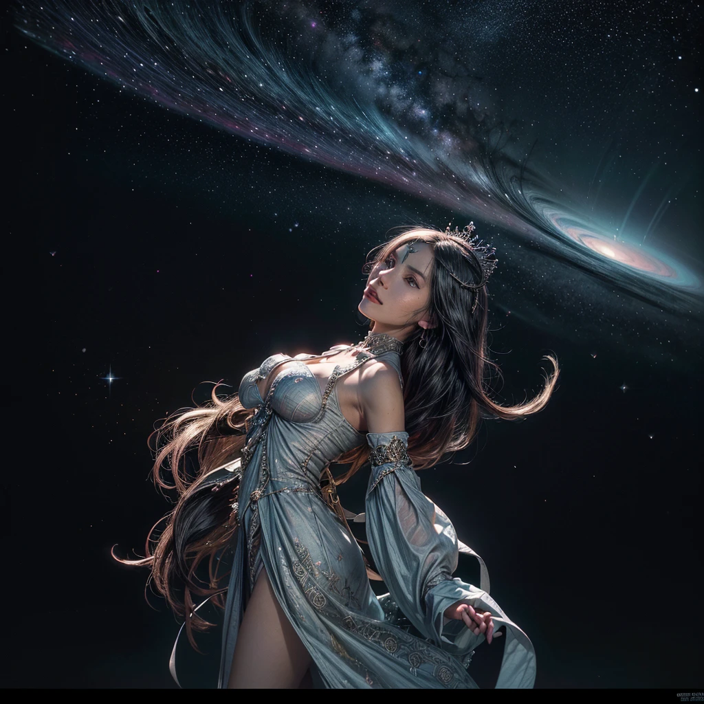 Low angle photograph of a female sorcerer in an ethereal and magical astral plane of existence, her long hair blowing in the windswept environment, she exhibits a magical aura. Her expression is one of despair and worry. Her clothing evoke a feel of wealth, however with simple handmade jewelry. (crown of thorns), Disturbing, unnerving, creepy, unsettling, color splashes, line art, Fibonacci, mandala, florals, (nebula and distant stars in background sky). Sublime rendering, extreme detailing, dynamic background, 32k maximalist, fantasy art, sharp lines, masterpiece