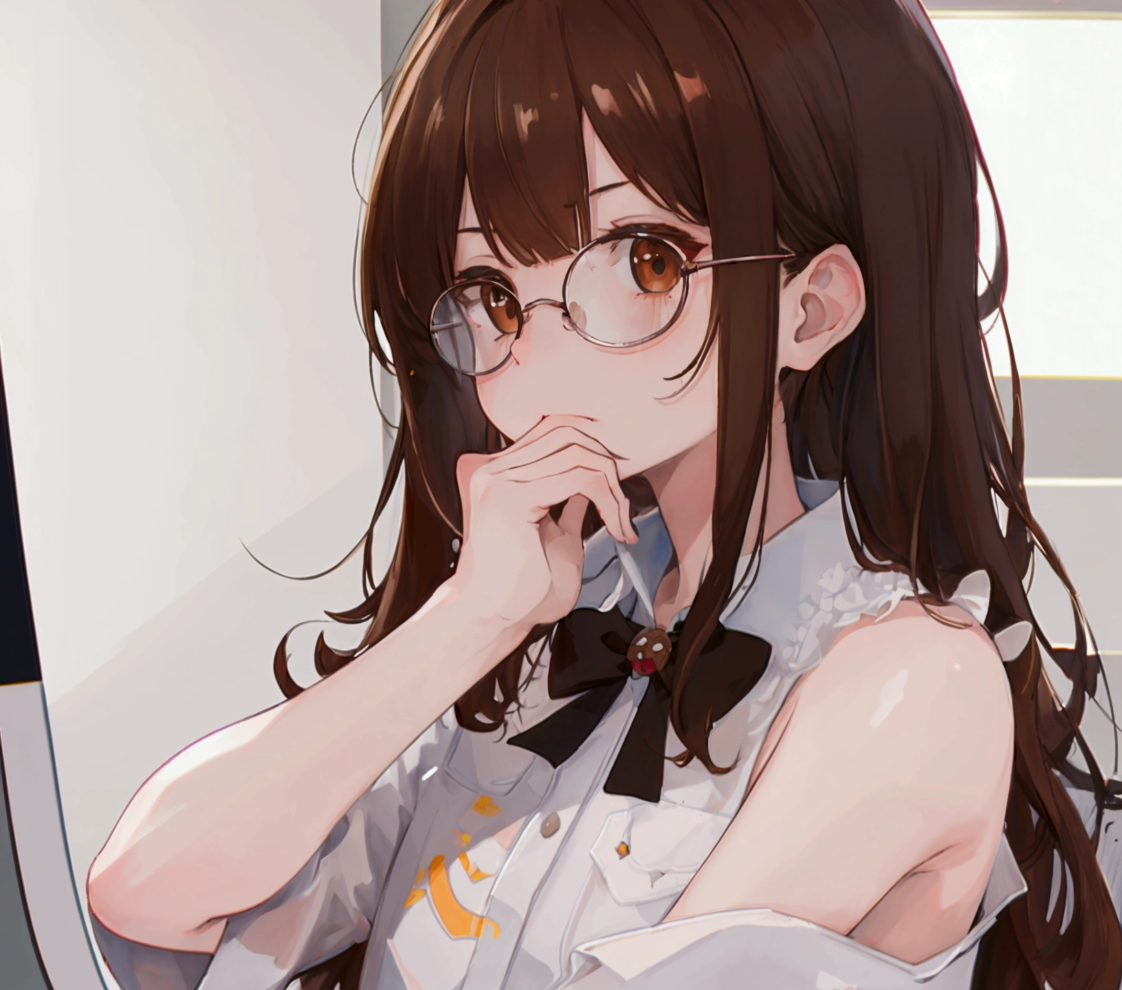 (masterpiece, Best Quality, 8k, raw photo, absurdities:1.2), film grain, chromatic aberration, High resolution, finely detail, two people, 1 brown-haired girl with shoulder-length hair with straight bangs and brown eyes with round glasses, 1 dark-brown-haired boy with brown mustache but with a small white patch and brown eyes with rectangular glasses