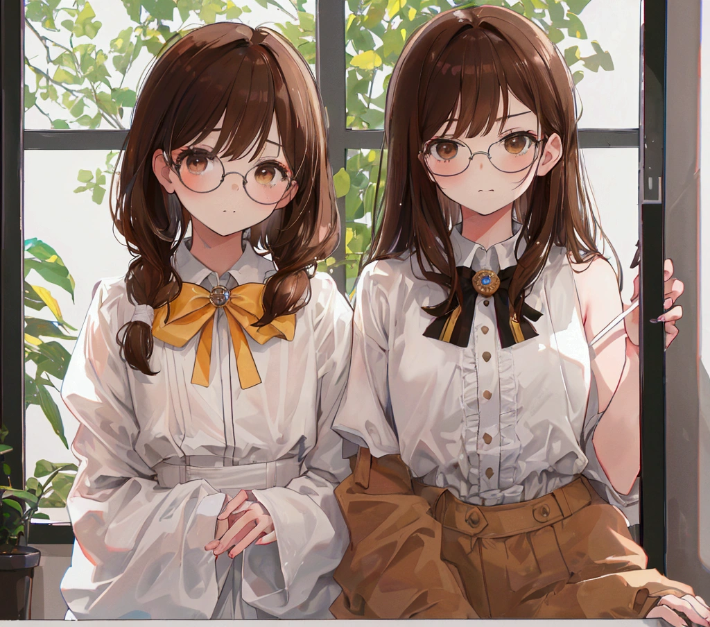 (masterpiece, Best Quality, 8k, raw photo, absurdities:1.2), film grain, chromatic aberration, High resolution, finely detail, two people, 1 brown-haired girl with shoulder-length hair with straight bangs and brown eyes with round glasses, 1 dark-brown-haired boy with brown mustache but with a small white patch and brown eyes with rectangular glasses