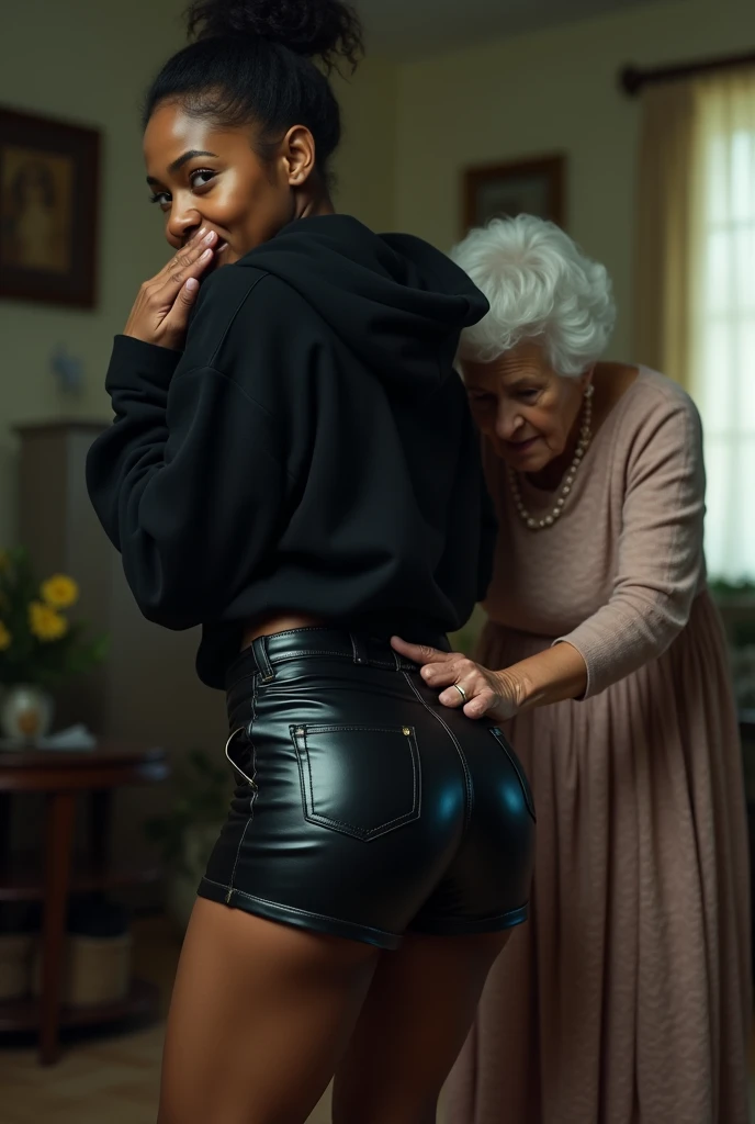 black woman hair in a bun black hoodie shiny black leather short shorts pockets in shock as a old grandma in a dress on her knees kissing her ass behind her hand is in her ass holding her ass backside view 