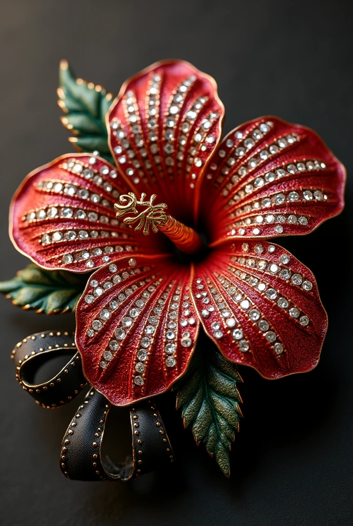 Hibiscus shape brooch with diamonds arranged like malaysian flag, ZULIANA in capital gold letter in black ribbon gold lining under brooch
