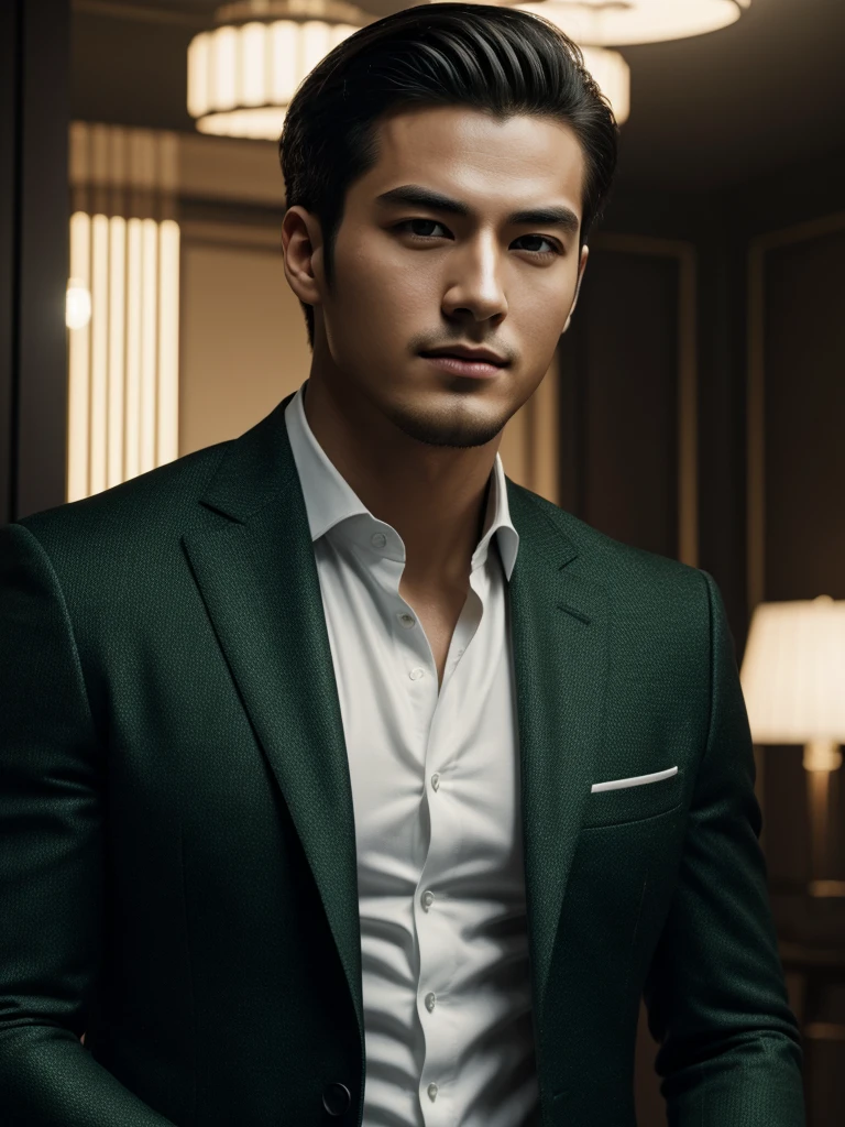 ((masterpiece)), ((best quality:1.2)), high resolution, 8k, (ultra_realistic:1.3), (photorealistic:1.4), (absurdres), sharp focus, highly detailed, (high quality), (masterpiece), handsome man, 25 year-old. Korean, 2,
normosthenic, black suit, green eyes, muscular, full body, dark light, front light, rim light. Mafia boss aesthetic. Rich billionaire boyfriend.