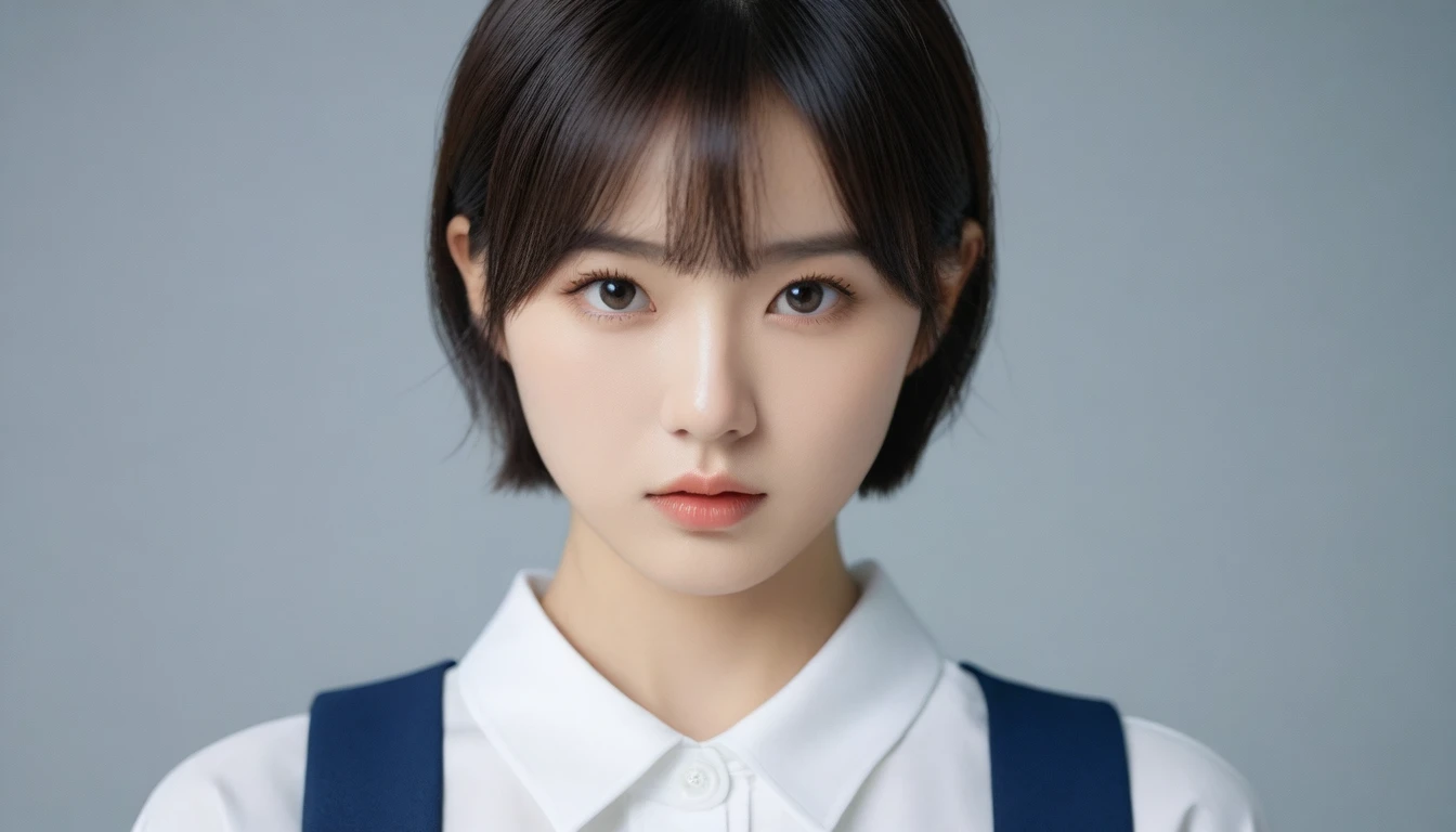 8k, Ultra-high resolution, Highest quality, masterpiece, 三分割法によるphotograph,Surreal, photograph,One Woman, (:1.3), cute, cute顔, 細部までBeautiful Eyes, 細かくdetailedに,masterpiece,One Girl:1.2,Japanese women,kindergarten,close up,glaring,Black short hair,Bowl cut,ID photo,(kindergarten uniforms:1.3),Eccentric,Future City,white collar,((Fusion of humans and androids))(Beautiful attention to detail),Subtle details, detailedな顔,anger,Attractive eyes,(ポートレートphotograph:1.4),(Photorealistic images:1.4),Fantasy art,(Beautiful Face:1.4),美しくAttractive eyes、Beautiful Eyes,Silver residue,(Tight waist:1.4)、(Beautiful with perfect body proportions:1.4),Pink Lips,profile,(((Ideal body type))),A-cup small breasts :2,、Portraiture:2、Perfect Anatomy、鮮明なdetailed、detailed,Fashion magazine cover,Thin lips,完璧でBeautiful Face ,完璧でcute顔, Skin with attention to detail, Perfect limbs、Narrow waist,Surreal,Light and shadow,spotlight