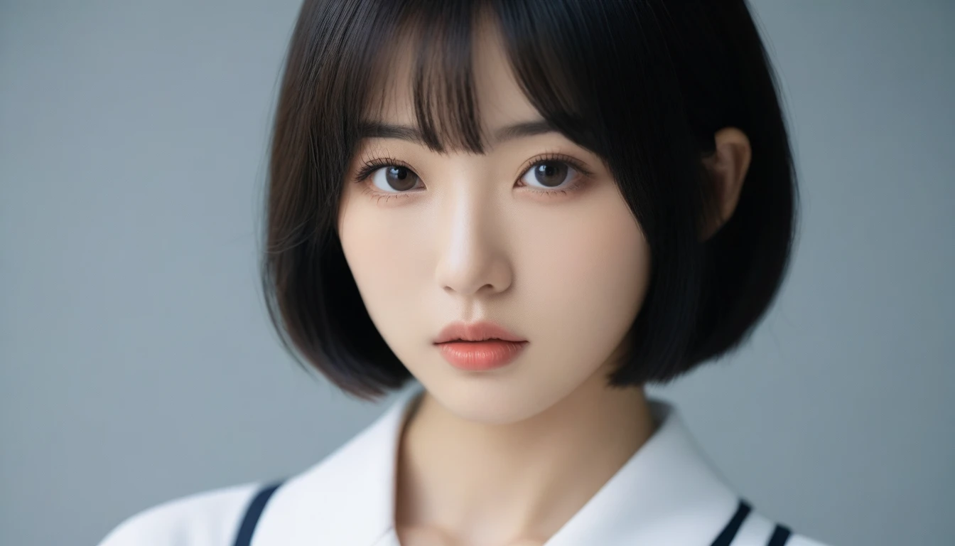 8k, Ultra-high resolution, Highest quality, masterpiece, 三分割法によるphotograph,Surreal, photograph,One Woman, (:1.3), cute, cute顔, 細部までBeautiful Eyes, 細かくdetailedに,masterpiece,One Girl:1.2,Japanese women,kindergarten,close up,glaring,Black short hair,Bowl cut,ID photo,(kindergarten uniforms:1.3),Eccentric,Future City,white collar,((Fusion of humans and androids))(Beautiful attention to detail),Subtle details, detailedな顔,anger,Attractive eyes,(ポートレートphotograph:1.4),(Photorealistic images:1.4),Fantasy art,(Beautiful Face:1.4),美しくAttractive eyes、Beautiful Eyes,Silver residue,(Tight waist:1.4)、(Beautiful with perfect body proportions:1.4),Pink Lips,profile,(((Ideal body type))),A-cup small breasts :2,、Portraiture:2、Perfect Anatomy、鮮明なdetailed、detailed,Fashion magazine cover,Thin lips,完璧でBeautiful Face ,完璧でcute顔, Skin with attention to detail, Perfect limbs、Narrow waist,Surreal,Light and shadow,spotlight