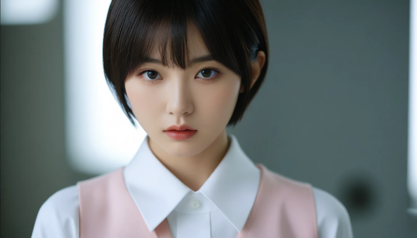 8k, Ultra-high resolution, Highest quality, masterpiece, 三分割法によるphotograph,Surreal, photograph,One Woman, (:1.3), cute, cute顔, 細部までBeautiful Eyes, 細かくdetailedに,masterpiece,One Girl:1.2,Japanese women,kindergarten,close up,glaring,Black short hair,Bowl cut,ID photo,(kindergarten uniforms:1.3),Eccentric,Future City,white collar,((Fusion of humans and androids))(Beautiful attention to detail),Subtle details, detailedな顔,anger,Attractive eyes,(ポートレートphotograph:1.4),(Photorealistic images:1.4),Fantasy art,(Beautiful Face:1.4),美しくAttractive eyes、Beautiful Eyes,Silver residue,(Tight waist:1.4)、(Beautiful with perfect body proportions:1.4),Pink Lips,profile,(((Ideal body type))),A-cup small breasts :2,、Portraiture:2、Perfect Anatomy、鮮明なdetailed、detailed,Fashion magazine cover,Thin lips,完璧でBeautiful Face ,完璧でcute顔, Skin with attention to detail, Perfect limbs、Narrow waist,Surreal,Light and shadow,spotlight