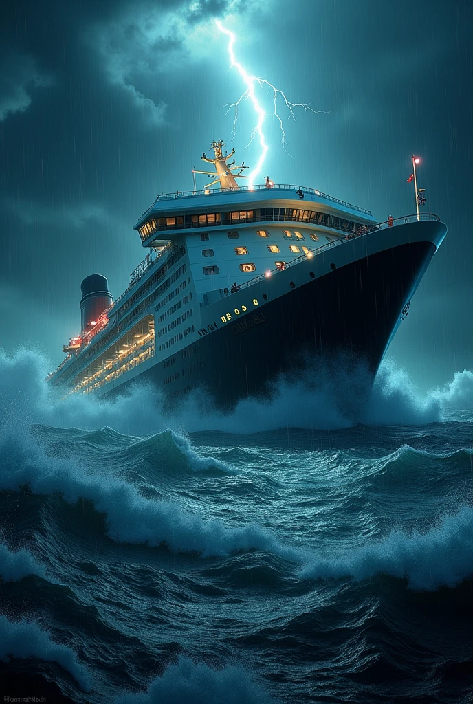 A Cruise ferry called MS Great Filipino sinking in a storm at night with rogue waves