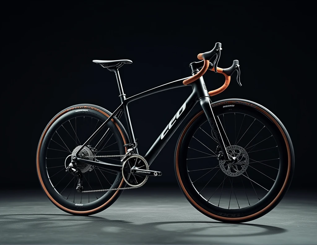 Sports Bicycle: As a sports photographer, create a Bicycle image seen from the front from below, slightly tilted to the right. The artistic style is hyper-realistic, with a close-up composition. Use studio lighting for illumination. The color palette should be monochromatic. The photographic style should be cinematic with everything in focus. Apply high contrast in post-processing. The overall atmosphere should be dramatic. Make sure the image is extremely detailed and high quality (equivalent to ultra-detailed), reflecting the experience of a professional sports photographer. Emphasize the following aspects: - Realistic textures and fine details - Accurate lighting and natural shadows - Balanced and appealing composition - Depth and dimensionality in the image - Vivid and accurate colors (unless otherwise specified) - Sharp focus on the main elements according to the selected focus style The image should convey a sense of professionalism and technical mastery, as if it had been captured by an expert photographer and processed by a highly skilled image editor. Ensure that the quality and level of detail are exceptional, taking full advantage of the ability to generate very high-resolution images.